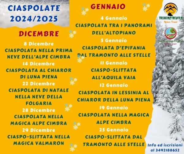 ciaspolate ciaspe ciaspola neve inverno dicembre gennaio prealpi veneto trentino alto adige noleggio bastoncini tramonto luna piena rifugio cena 2024 2025